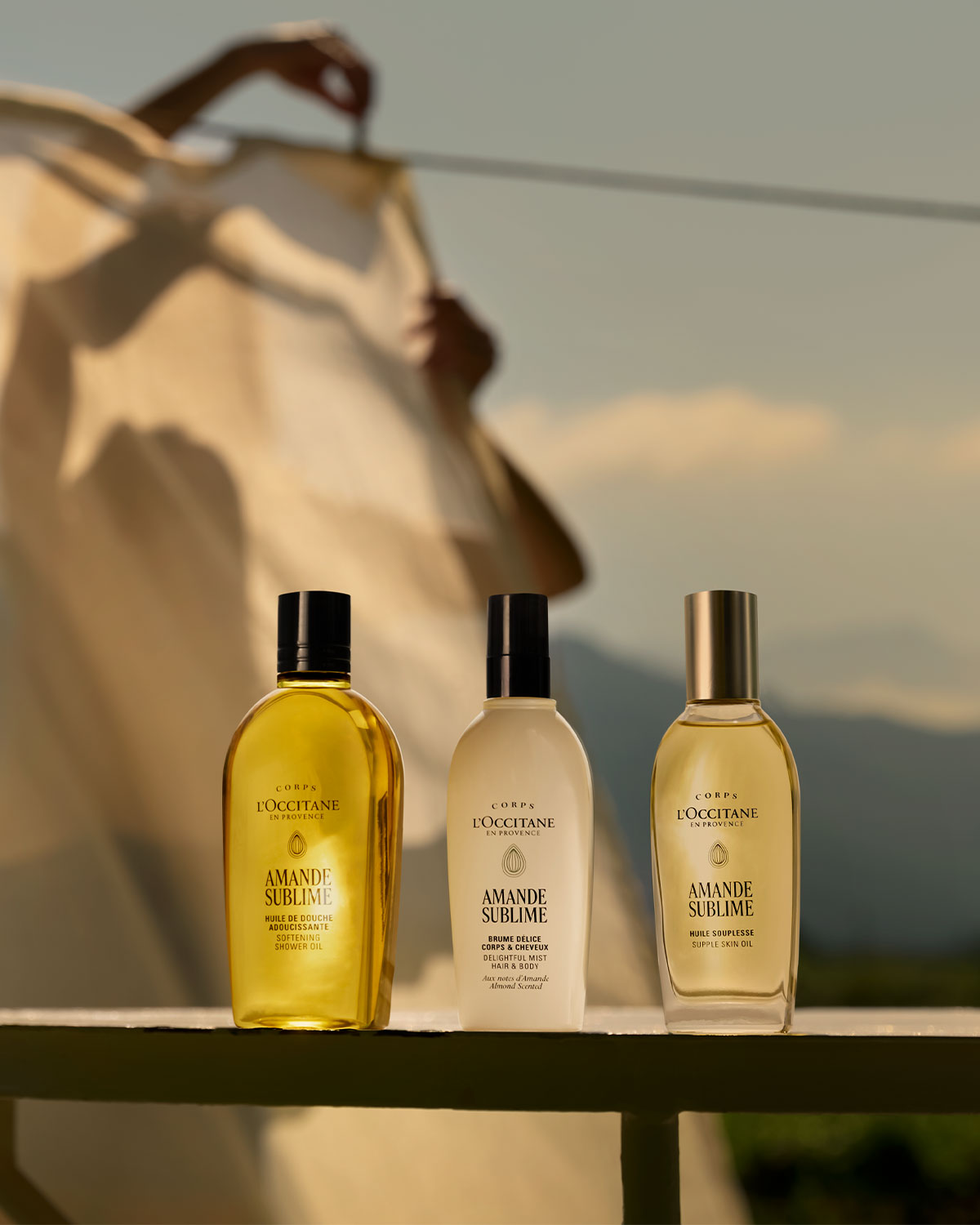 Almond body care products in summer light